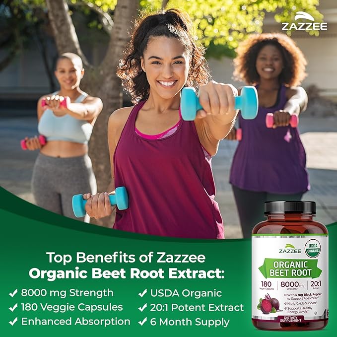 Zazzee USDA Organic Beet Root 8000 mg Strength 20:1 Extract, 180 Vegan Quick Release Capsules, Black Pepper Extract for Enhanced Absorption, Supports Nitric Oxide Production, Non-GMO, Made in The USA