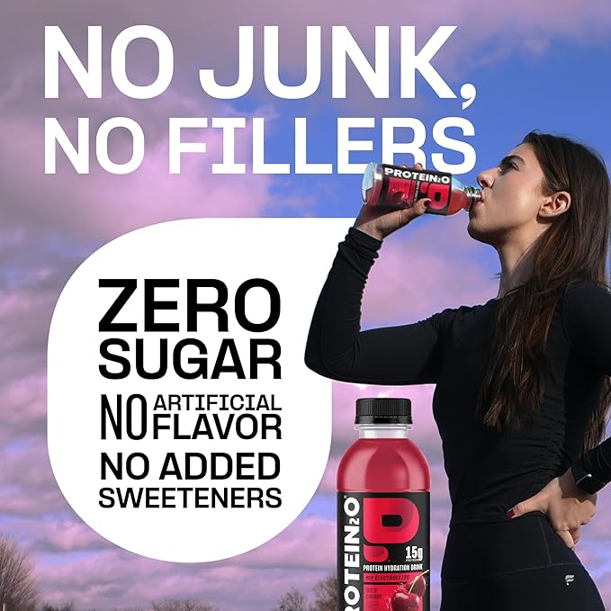 Protein2o Hydration Drink - 2-in-1 Liquid Clear Whey Protein Isolate and Electrolyte Drink - 15g Protein, Vitamins B5, B6 - Post-Workout Recovery - 16.9 Fl Oz - 12 Count Wild Cherry