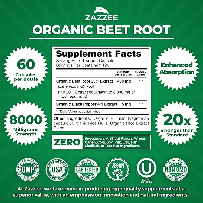 Zazzee USDA Organic Beet Root 8000 mg Strength 20:1 Extract, 60 Vegan Quick Release Capsules, Black Pepper Extract for Enhanced Absorption, Supports Nitric Oxide Production, Non-GMO, Made in The USA