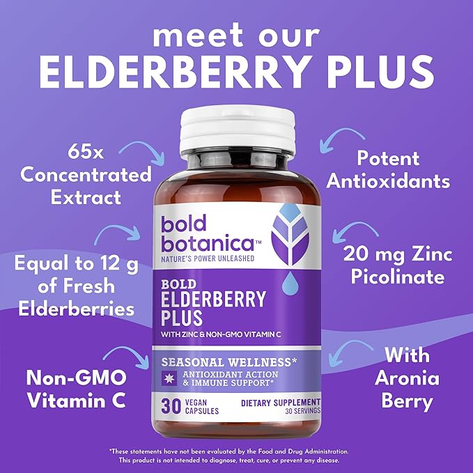 Elderberry Plus - 65x Concentrated Black Elderberry Extract with Zinc & Vitamin C for Daily Immune Support & Seasonal Wellness - Non-GMO, 30 Vegan Capsules