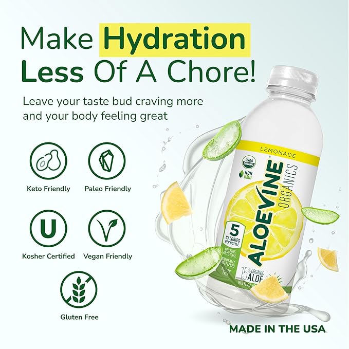 Aloe Vera Juice, No-Pulp Organic Aloe Vera Drink, Healthy Juice with Aloe Powder and Lemon Juice, 5 Calories, Low Sugar, No Artificial Ingredients, 16.9 oz, 12 Pack, Lemonade - Aloevine Organics