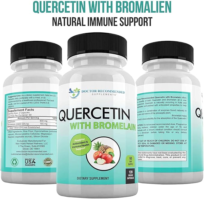 DOCTOR RECOMMENDED SUPPLEMENTS Quercetin 800mg w/Bromelain 165mg Per Serving- 120 Veggie Capsules-Full 60 Day Supply, Vitamin Supplement to Support & Bioflavonoids, Gluten Free, Non-GMO