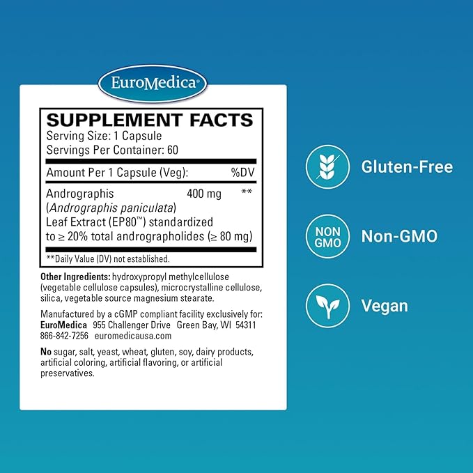 EuroMedica Andrographis EP80 - Supplement for Brain Health & Immune Support - Joint Health Support Supplement to Aid Mobility - Vegan Adaptogen Supplement for Energy & Liver Support - 60 Capsules