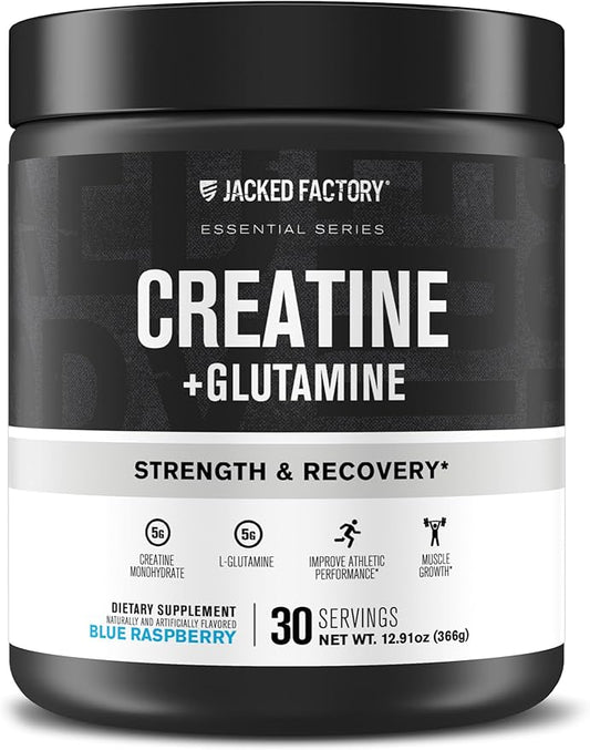 Jacked Factory Creatine + Glutamine - Creatine Supplement with L-Glutamine for Muscle Recovery, Muscle Growth, Increased Strength, Enhanced Energy Output, and Gut Health - 30 Servings, Blue Raspberry