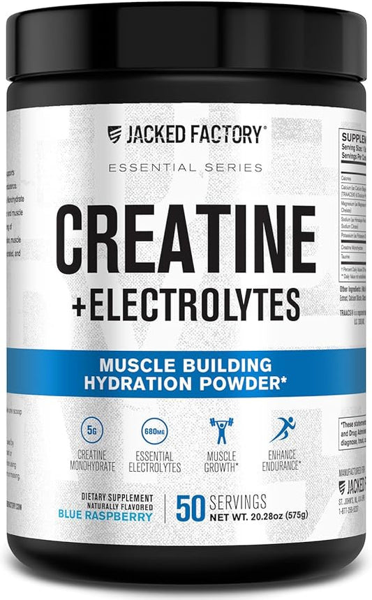 Jacked Factory Creatine + Electrolytes - Creatine Monohydrate with Taurine, Calcium, Sodium, & Potassium to Increase Muscle Growth, Strength, Hydration, & Endurance - 50 Servings, Blue Raspberry