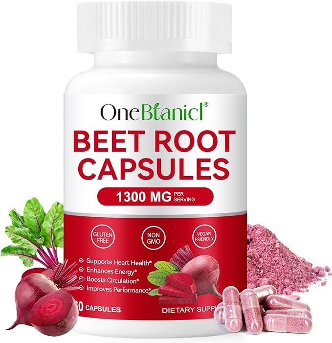 Organic Beet Root Capsules, Beetroot Capsules 1300mg, Beetroot Powder Supports Nitric Oxide Production, Blood Pressure, Enhances Energy, Digestive & Immune (60 Count (Pack of 1))