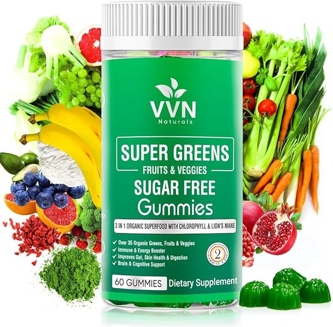 Sugar-Free Real Organic Fruits, Super Greens and Veggies Gummies | 35+ Nutritious & Healthy Greens, Fruits, and Vegetables for Improved Immunity, Skin Health & Energy Boost|60 Vegan Gummies