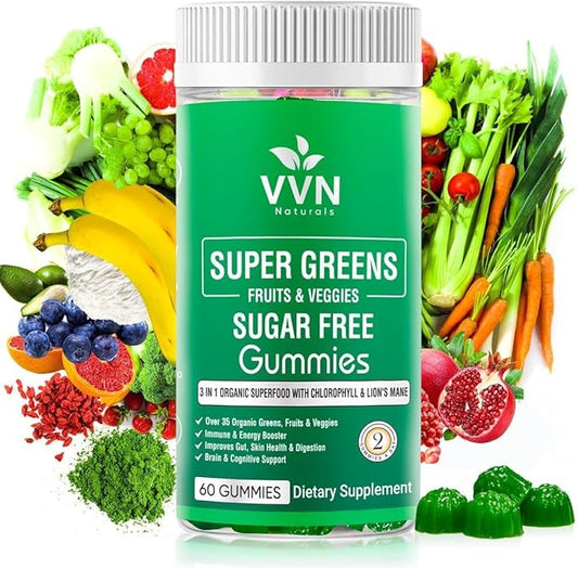 Sugar-Free Real Organic Fruits, Super Greens and Veggies Gummies | 35+ Nutritious & Healthy Greens, Fruits, and Vegetables for Improved Immunity, Skin Health & Energy Boost|60 Vegan Gummies
