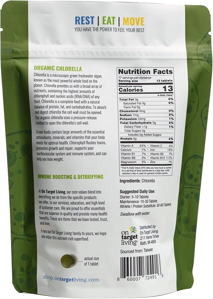 On Target Living Organic Chlorella Tablets | USDA Organic | 1000 Supergreen Tablets | Immune Support | Chlorophyll | Recovery | Athletic Performance | Premium Quality
