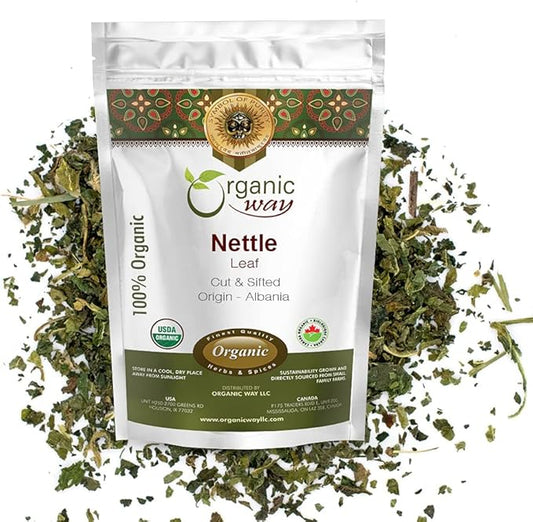 Organic Way Stinging Nettle Leaf Cut & Sifted (Urtica dioica) Herbal Tea - European Wild-Harvest | Kosher Certified | Vegan, Non GMO & Gluten Free | USDA Certified | Origin - Albania (4 Oz)