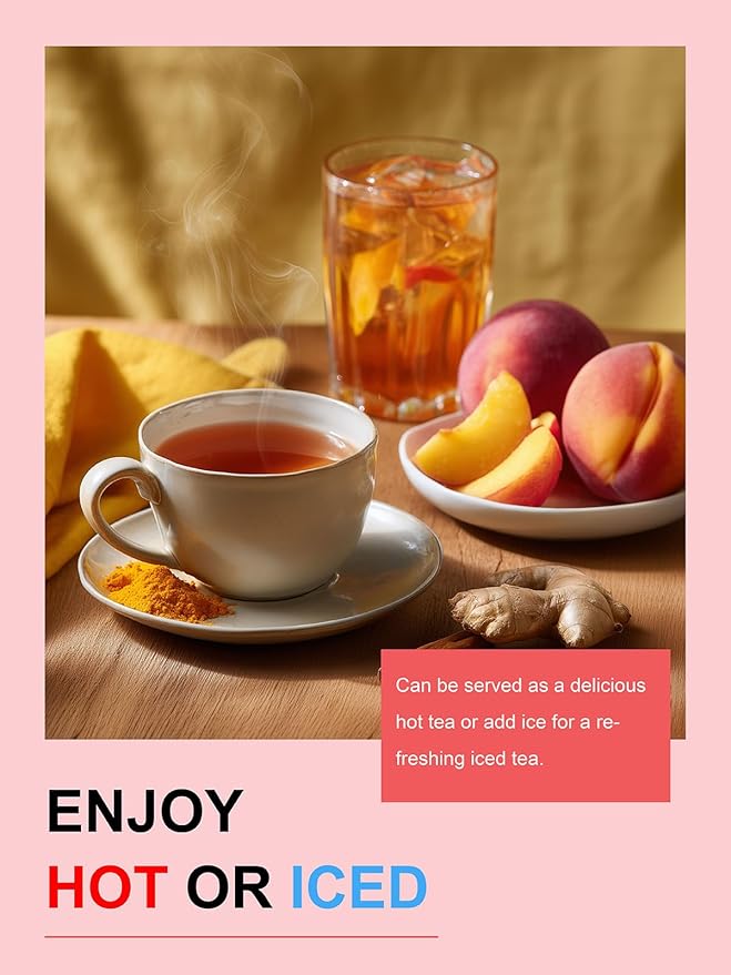 TeeLux Ginger Peach Turmeric Tea Bags, Warm Ginger with Tart Hibiscus & Soothing Chamomile, Tart & Sweet Flavor, Caffeine Free, 100 Count