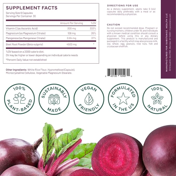 SUBSTANCE. Beetroot Boost Capsules - 4500mg per Serving, 30 Days Beet Root Capsules Supply – Beets Supplement with Vitamin-C & Manganese – Natural Nitric Oxide & Energy Booster Beet Root Powder – USA