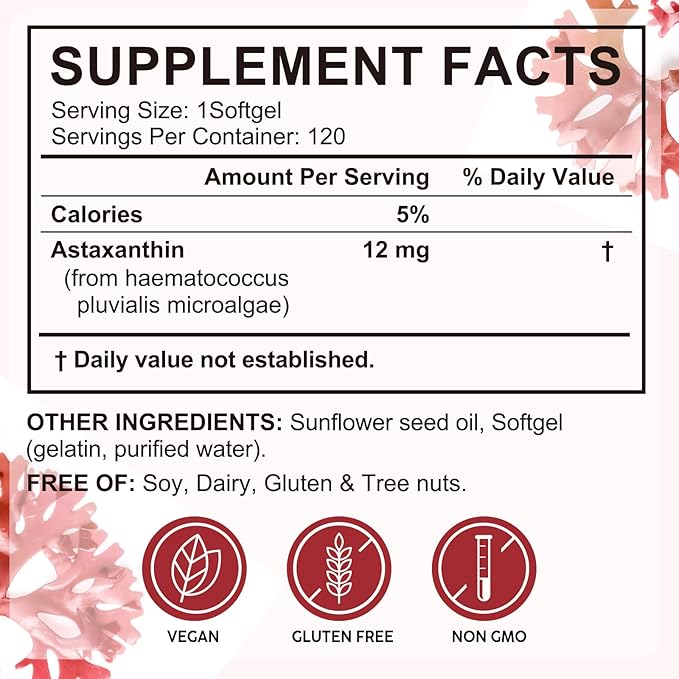 Astaxanthin Supplements 12mg 120 Softgels, Premium Astaxanthin Antioxidant Supplement, Supports Eye, Skin, Joint, Brain, Heart & Immune System Health, Fresh Microalgae Source, Non-GMO & No Gluten