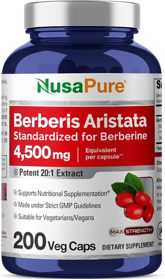 NusaPure Berberine HCI 20:1 Extract, 220 mg Equivalent to 4,500mg - 200 Veggie Caps - (Vegetarian, Non-GMO, Vegan)