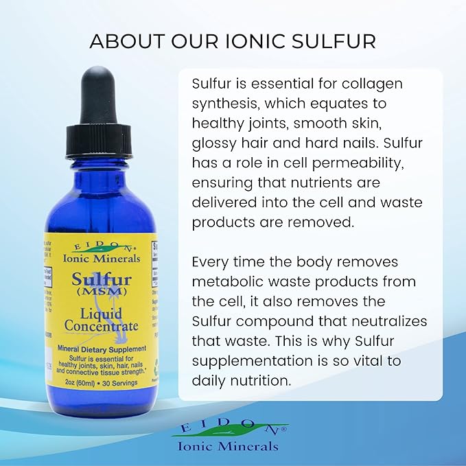 Eidon Ionic Minerals Liquid Sulfur Concentrate - Ionic MSM Sulfur Drops Supplement, Supports Healthy Joints, Smooth Skin, & Glossy Hair, No Preservatives or Additives - 2 Oz Bottle