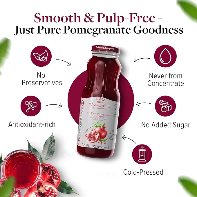 Pure Pomegranate Juice No Pulp, 8.4 Ounce Glass Bottle (Pack of 15), Cold Pressed Juice, Not from Concentrate, Non-GMO, No Sugar Added, Gluten Free, Kosher Certified, Preservative Free