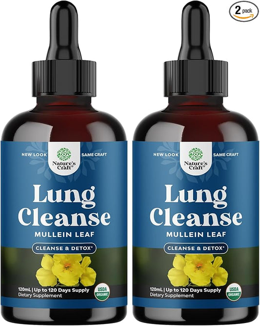 USDA Organic Mullein Drops for Lungs - Herbal Lung Detox & Cleanse with Marshmallow Root Extract & Plantain Leaf for Respiratory Lung Health - Mullein Leaf Tincture Drops Breathing Support - 2 Pack