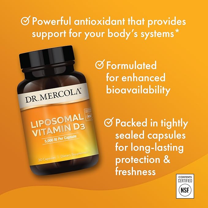 Dr. Mercola Liposomal Vitamin D3 - Supports Heart, Bone & Immune Health - 10,000 IU Per Serving - Non-GMO, Soy Free & Gluten Free - 30 Capsules (30 Servings)