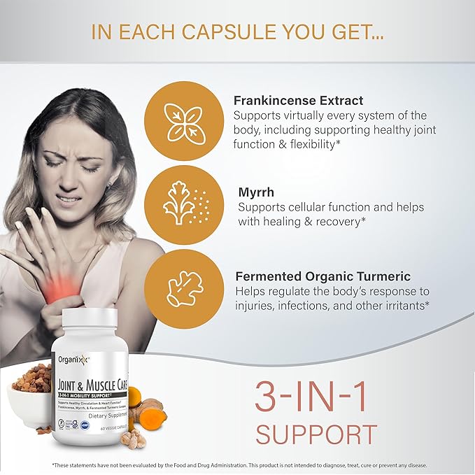 Organixx Joint & Muscle Care Organic Turmeric Supplement, 3-in-1 Frankincense, Turmeric and Myrrh Joint Health & Joint Support Supplement Body Care Capsules, Supports Swelling, Tension, 60 Capsules