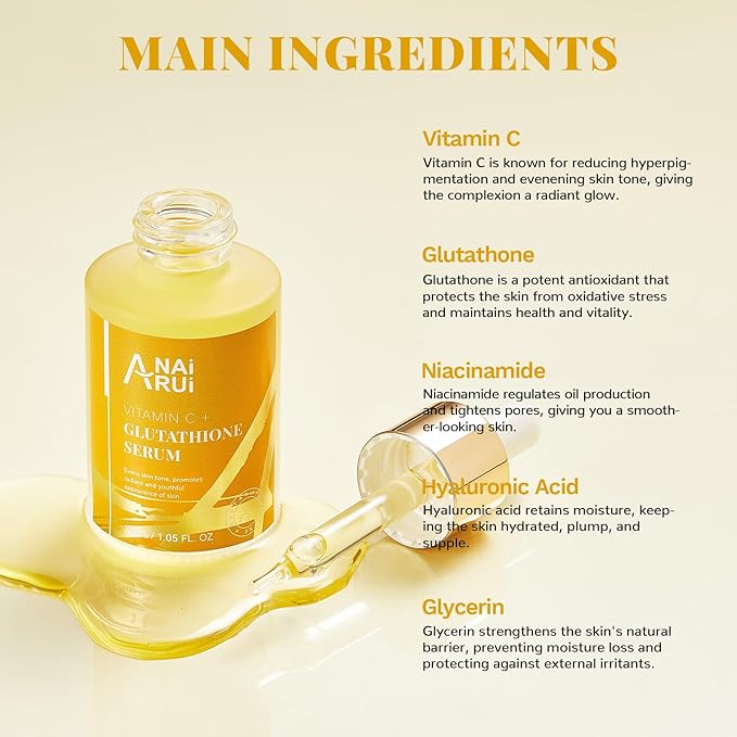 ANAI RUI Vitamin C Glutathione Serum with Hyaluronic Acid, and Niacinamide, for Dark Spots,Wrinkles, Improves Skin Tone, Hydrating & Glowing 1.05fl.oz