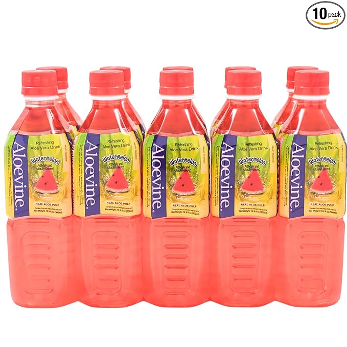 ALOEVINE Aloe Vera Juice drink Watermelon pure with chunks of aloe | 16.9 Oz 10 pack | plant based Vegetable Korean drinks