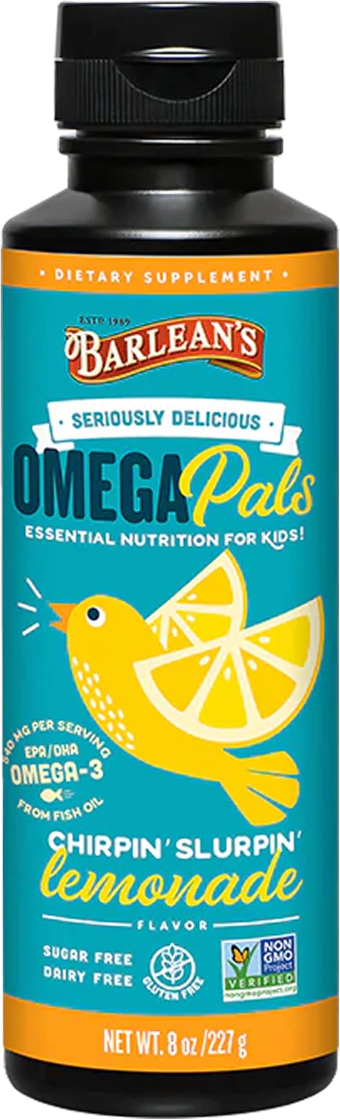 Barlean's Omega 3 Fish Oil Liquid Supplement for Kids, Chirpin' Slurpin' Lemonade, 540 mg of EPA and DHA Fatty Acid, 8 oz