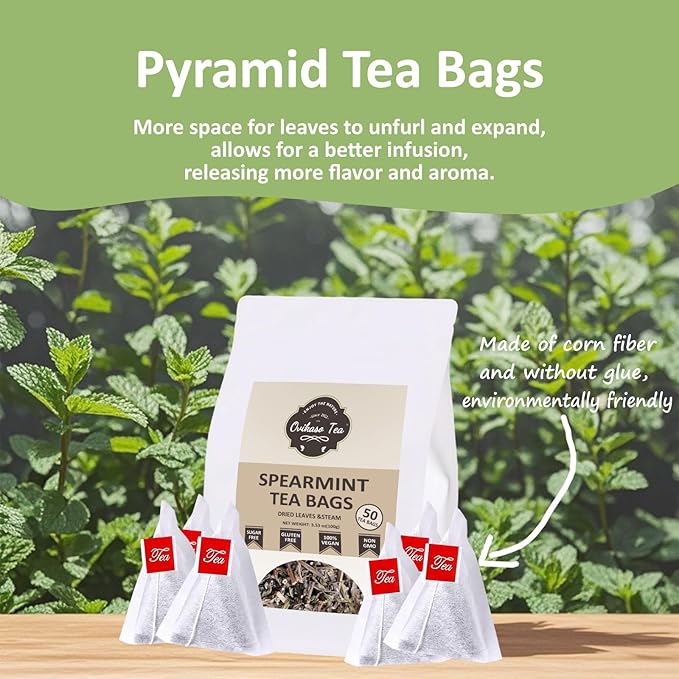 Ovikaso Tea, Spearmint Tea Bags, 50 Pyramid Tea Bags, 2g/bag, Natural Spearmint Leaves, Direct from Source, Brew Hot or Iced Tea, Baking, Cocktail, Rich in Antioxidants, Herbal Tea