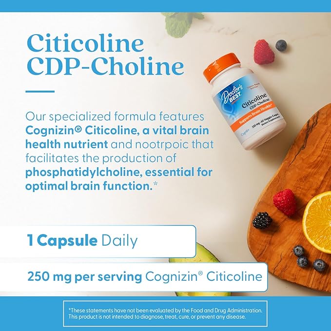 Doctor's Best Citicoline CDP-Choline, Supports Brain Health, Non-GMO, Gluten Free, Soy Free, Vegan 60 Veggie Caps