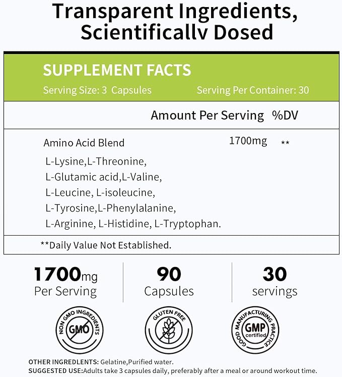 Amino Acid, Supports Muscle Recovery and Lean Muscle Growth, Enhances Energy and Endurance, Contains Essential Amino Acids and BCAAs, 90 Capsules (1 Bottles)