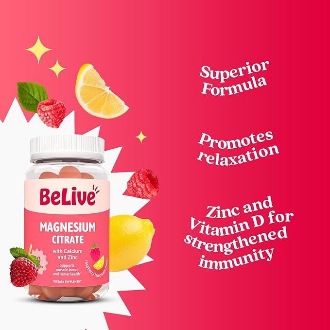 BeLive Magnesium Citrate Gummies with Calcium and Zinc for Adults and Kids - High Absorption Magnesium Supplement for Cognitive, Bone, Muscle and Nerve Health - Raspberry Lemonade - 120 Count