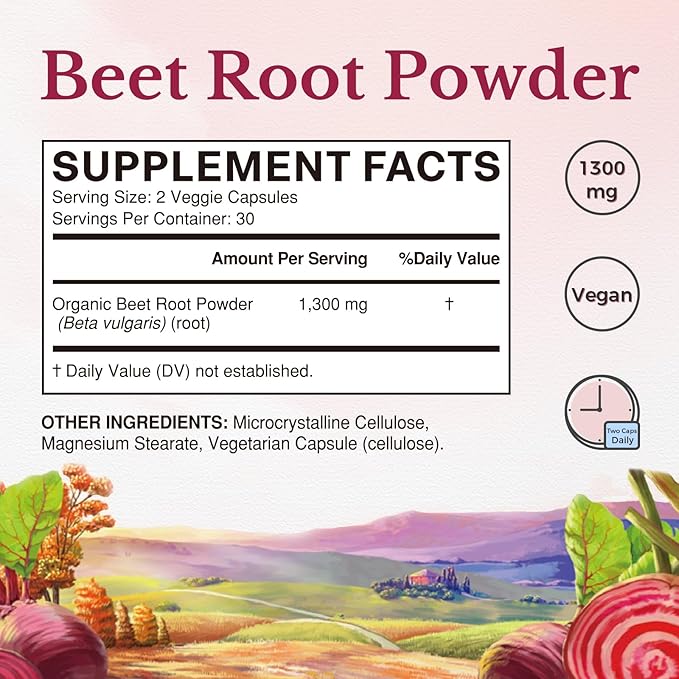 Vitalitown Beet Root Capsules 1300 mg with Organic Beet Root, Natural Nitric Oxide Booster, Superfood for Healthy Heart & Energy Levels, High Potency Supplement, 60 Vegan Capsules, Non-GMO