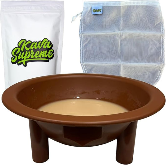 Traditional Kava Social Ceremony Kit - Kava Root Powder, Kava Strainer Bag, Tanoa - Kava Bowl