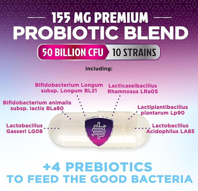 Probiotics 50 Billion CFU per Serving - 10 Strains + Prebiotics - Digestive Health, Gut & Immune Support - Supports Occasional Constipation, Gas & Bloating for Women & Men Shelf Stable - 120 Capsules