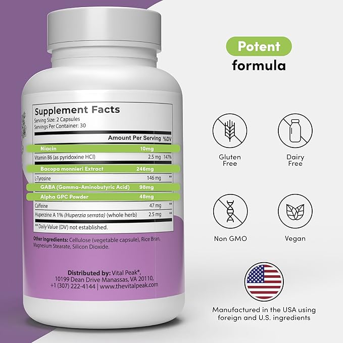 Brain Peak - Brain Supplements for Memory and Focus - Supports Brain Health - with Niacin, GABA, Alpha GPC, L-Tyrosine, Bacopa Monnieri & More - Vegan, Gluten Free, Dairy Free - 60 Capsules