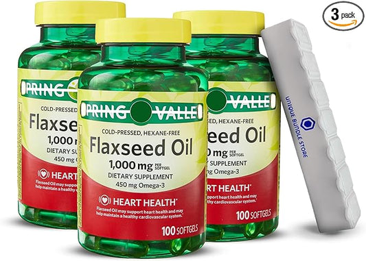 Flaxseed Oil 1000mg, 100 Softgels - Dietary Supplement + 7 Day Pill Organizer Included (Pack of 3)