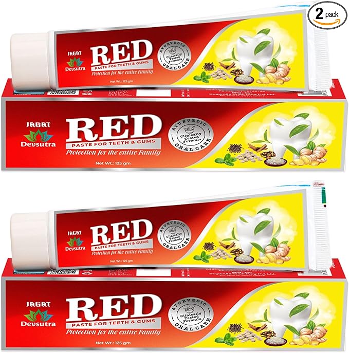 Jagat Devsutra Ayurvedic Herbal Red Toothpaste for Teeth Whitening & Cold Breath - 100% Natural Formula, No Fluoride & Artificial Colours - Pack of 2 (4.4 OZ Tubes) Try Once