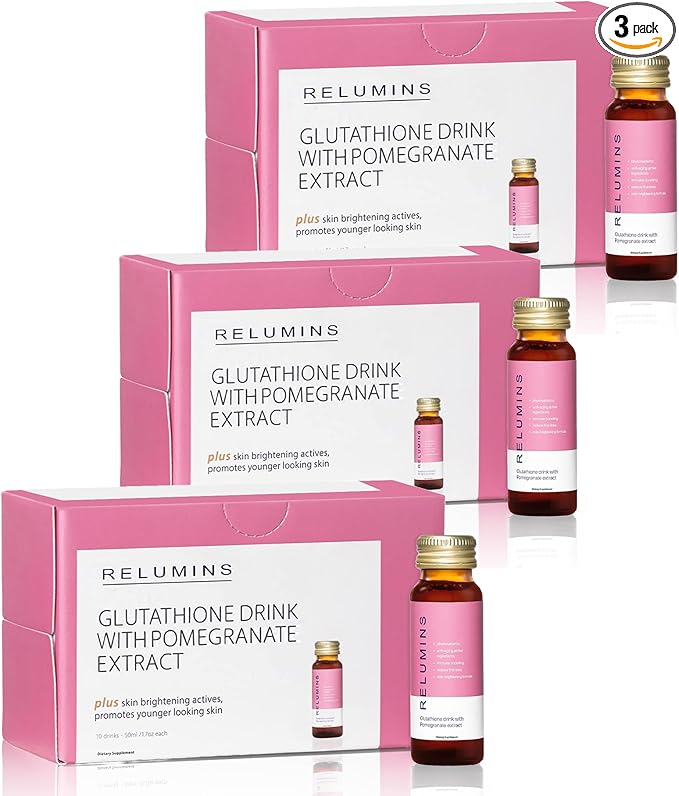 Relumins Glutathione Drink - Helps Promote Brighter and Firm Skin, Boosts Collagen Content, Moistures for a Younger Looking Skin - Pomegranate Flavor, 50mL x 30 Gluta Shot Bottles