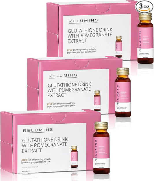 Relumins Glutathione Drink - Helps Promote Brighter and Firm Skin, Boosts Collagen Content, Moistures for a Younger Looking Skin - Pomegranate Flavor, 50mL x 30 Gluta Shot Bottles