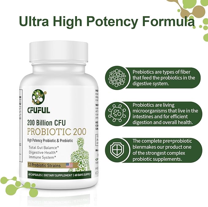 Probiotics for Women & Men, 200 Billion CFU 12 Strains with 3 Organic Prebiotics and Probiotics for Digestive Health Gut, Immune, Bloating & Gas, Energy, Overall Health, Shelf Stable - 2 Month Supply