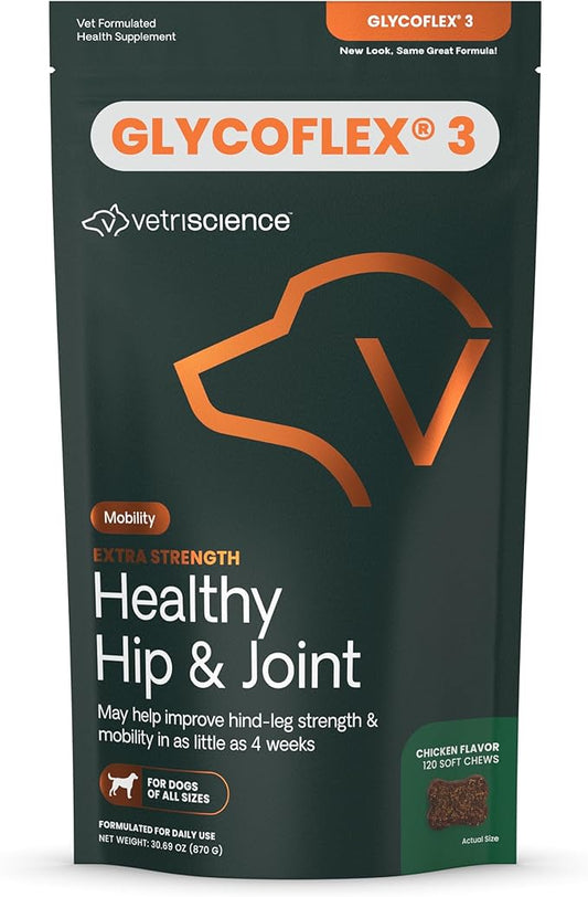 VetriScience Extra Strength Healthy Hip & Joint Chews, GlycoFlex 3, Glucosamine, Green-Lipped Mussel, Joint Support Supplement for Dogs, Promote Mobility & Soothe Joint Discomfort, Chicken, 120 Count