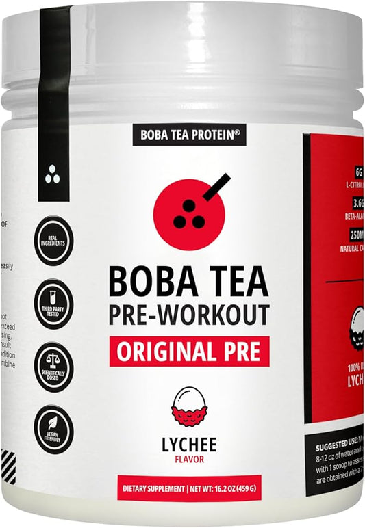 Boba Tea Pre-Workout Powder | Lychee Flavor | 125-250mg Caffeine | L-Citrulline, Beta Alanine, Alpha-GPC | Real Ingredients | Premium Pre Workout Powder for Men and Women | 20-40 Servings