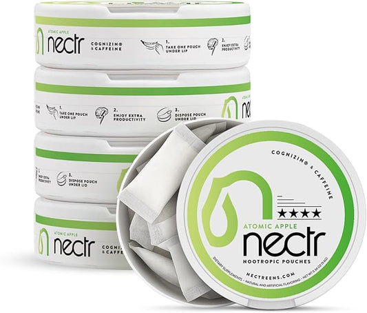Nectr Energy Nootropic Pouches – Atomic Apple Flavored, Caffeine Pouches with Cognizin® Citicoline. Sugar-Free Brain Treats. Smooth, Sustained Focus & Energy Supplement - 5 Pucks of 16pcs