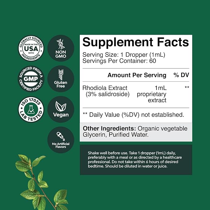 Natures Craft High Potency Rhodiola Rosea Tincture -Liquid Rhodiola Supplement for Stress Energy and Mood Support with 3% Salidrosides Rosea Extract - Vegan Non-GMO & Alcohol-Free (60 Servings)