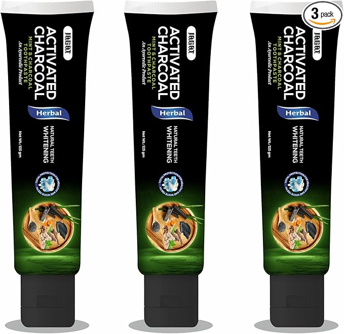 Jagat Activated Charcoal Toothpaste Pack of 3 – Teeth Whitening Tooth Paste with Charcoal Flavor, Fluoride Free Toothpaste for Adult, Natural Travel Tooth Paste, Vegan, Non Toxic, Gluten Free