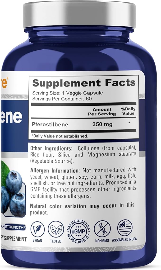 NusaPure Pterostilbene 250mg per Veggie Caps, 60 Count (Non-GMO, Vegan)