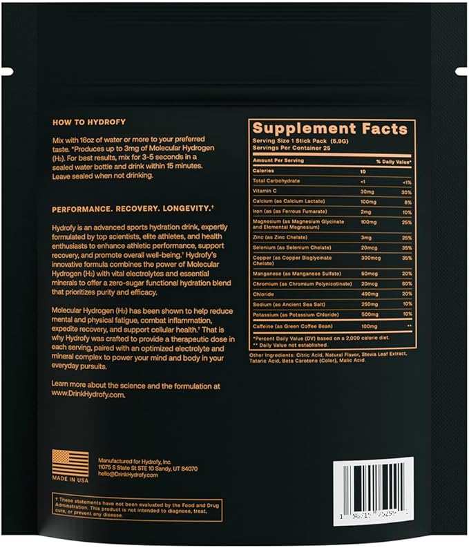 Hydrogen Water + Electrolytes Drink Mix | H2 Hydration Packets with Molecular Hydrogen, Sodium, Potassium, Magnesium, Calcium, and Minerals | No Sugar | Orange + Caffeine 25 ct