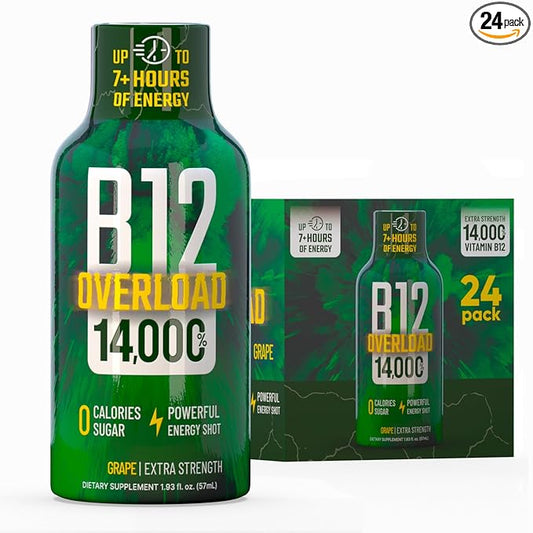 B12 Overload Extra Strength Energy Shot – Grape – 260mg Caffeine, 14000% B12, Electrolytes – Energy & Vitality Support – Zero Sugar No Calories – Vegan, Kosher, Gluten-Free – 1.93 fl oz, 24 -Pack
