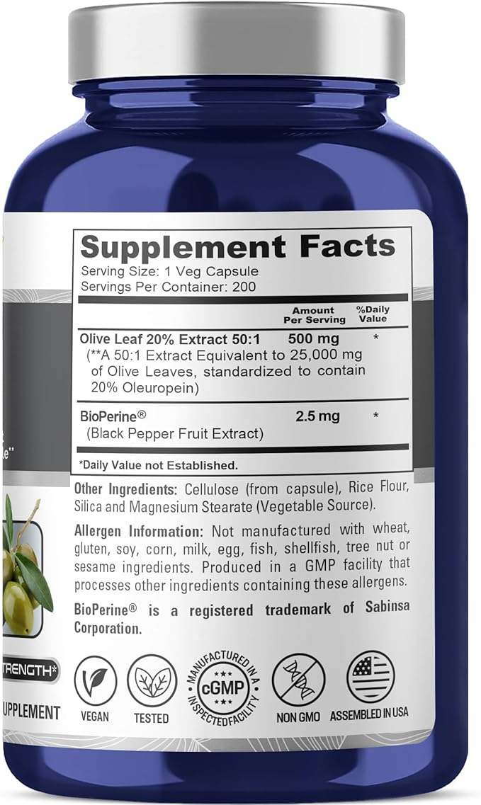 NusaPure Olive Leaf 20% Oleuropein 50:1 Extract, 500 mg Equivalent to 25,000 mg 200 Veg Caps Suitable for Vegetarians and Vegans, Non-GMO