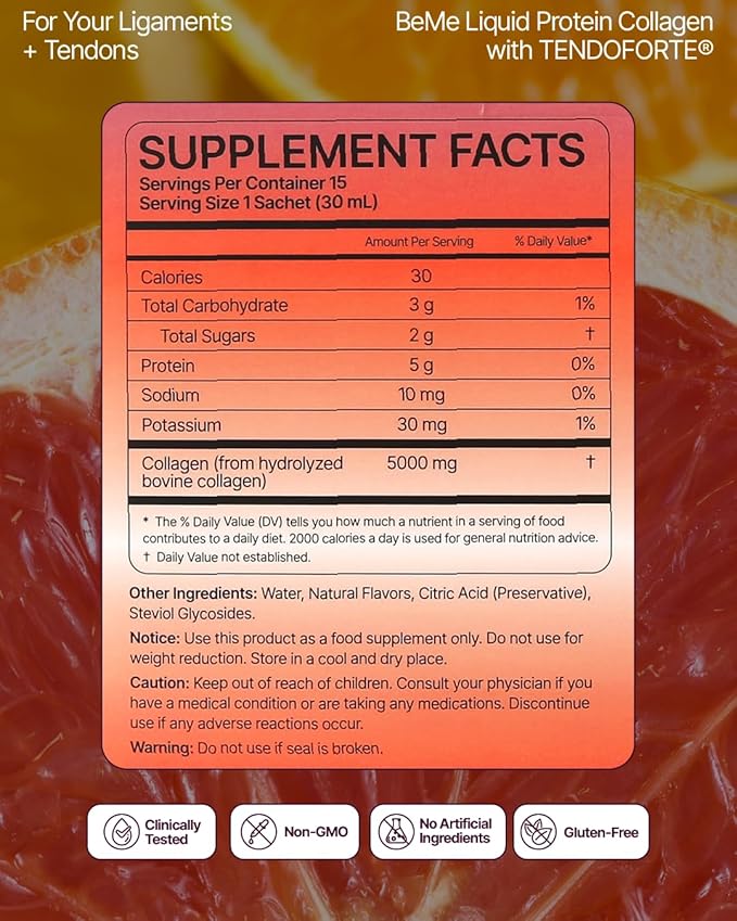BeMe Liquid Collagen Peptides for Athletes - 5,000mg TENDOFORTE for Ligament & Tendon Strength - 2X Faster Absorption - Clinically Proven for Injury Prevention & Faster Recovery - Delicious Grapefuit