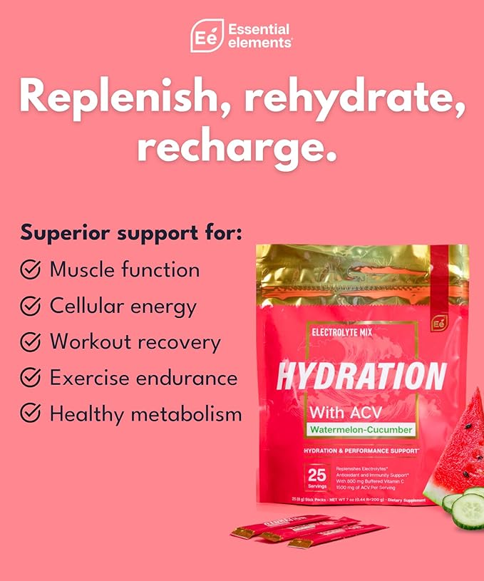 Essential Elements Hydration Packets - Watermelon Cucumber Pack - Sugar Free Electrolytes Powder Packets - 50 Stick Packs of Electrolytes Powder No Sugar - Hydration Drink - with ACV & Vitamin C